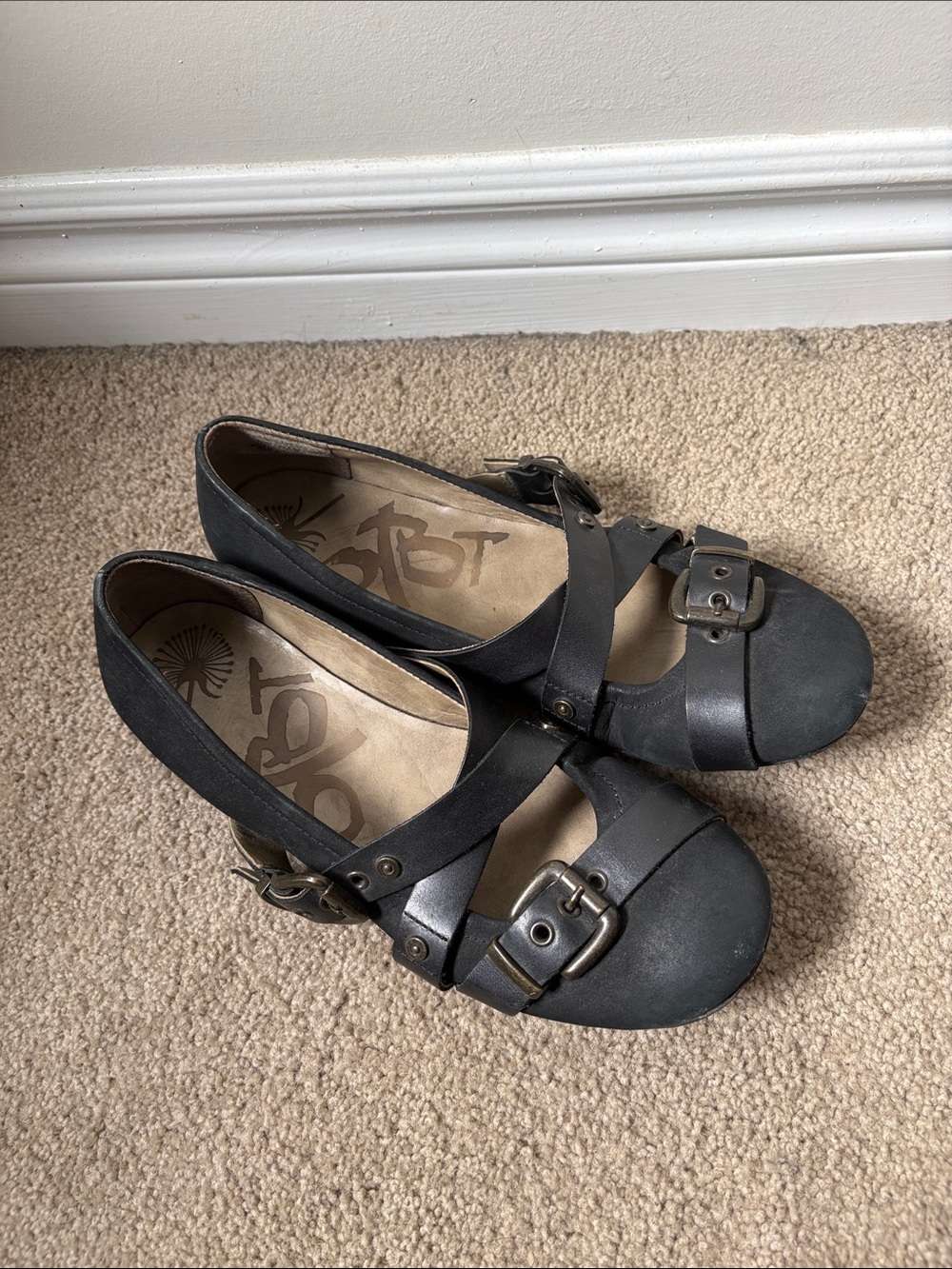 OTBT Black Leather Buckle Strap Flats